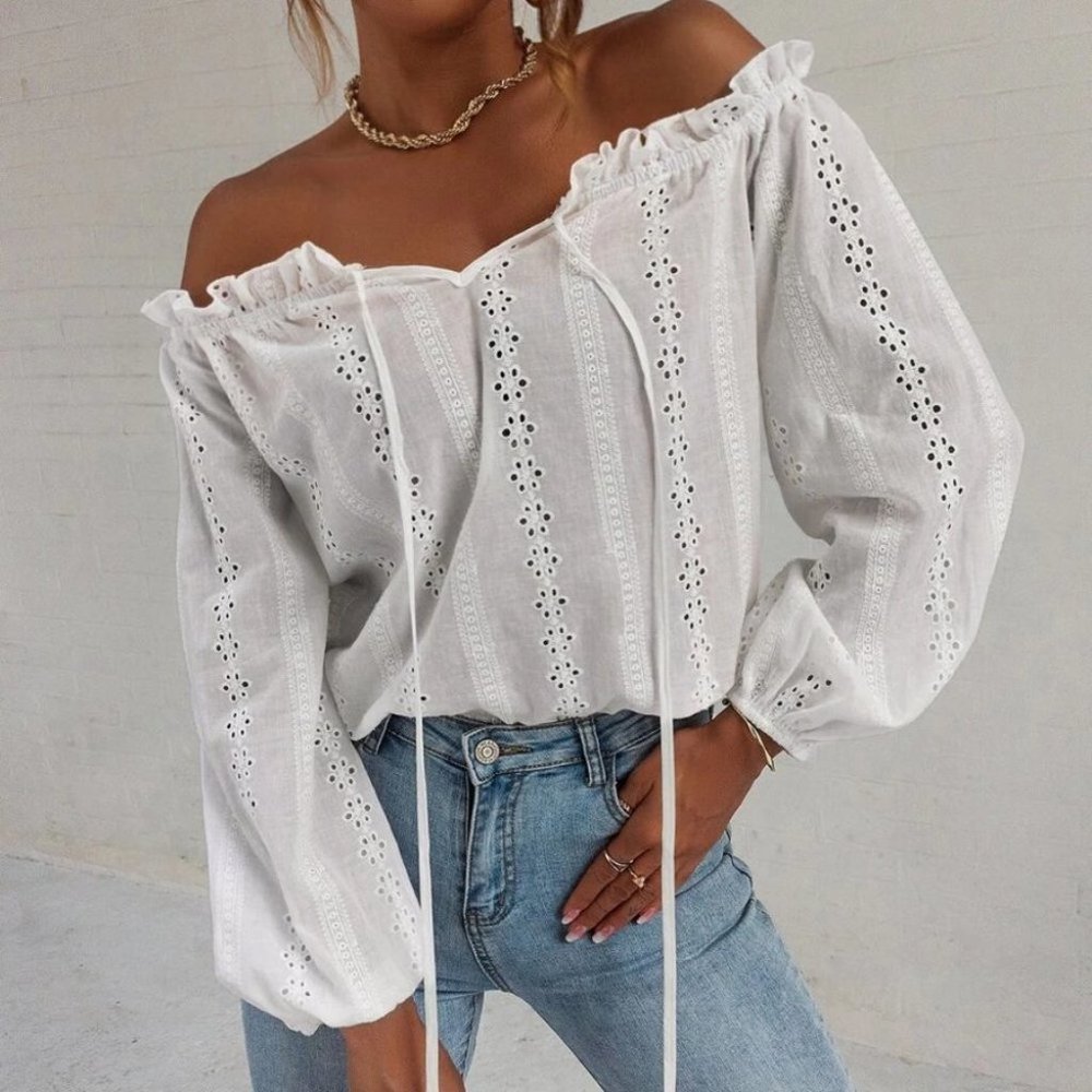 Off Shoulder Knot Front Lantern Sleeve Schiffy Blouse - Picture 4 of 6